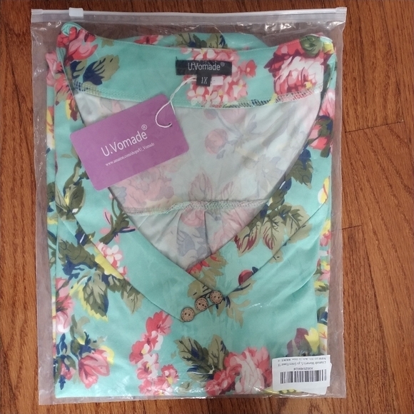 Amazon U.Vomade Green Floral Shirt Sleeve Tunic Top 1X - Picture 2 of 14